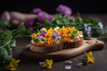 Fototapeta na wymiar Delicious homemade sandwich with flowers. Generative AI