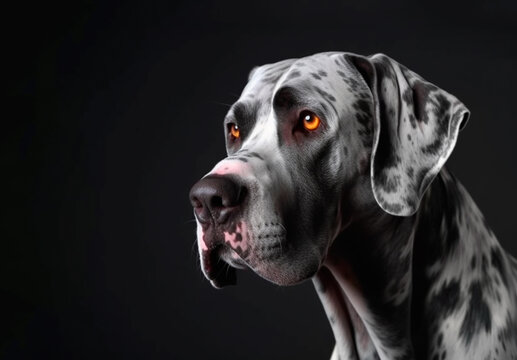 Great Dane Harlequin looking into the distance, isolated on black background, low key. Generative AI