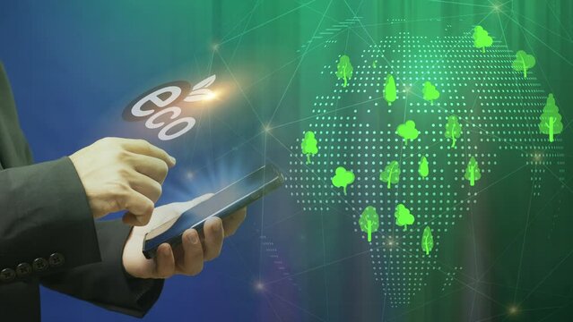Businessman showing planet earth map with virtual tree icons. Net zero greenhouse gas emissions target. Climate neutral long term strategy. Ecological, renewable energy and save environment concept