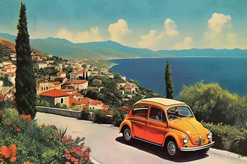 Fotobehang Kaki  retro italian landscape vintage postcard from sunny italy 1970 vibes ai generated art Generative AI