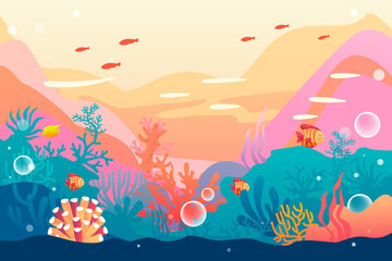 Plakat World Oceans Day, underwater world with ocean and fish in the background, vector illustration