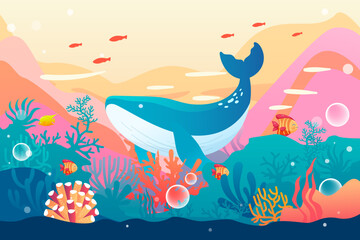 World Oceans Day, underwater world with ocean and fish in the background, vector illustration