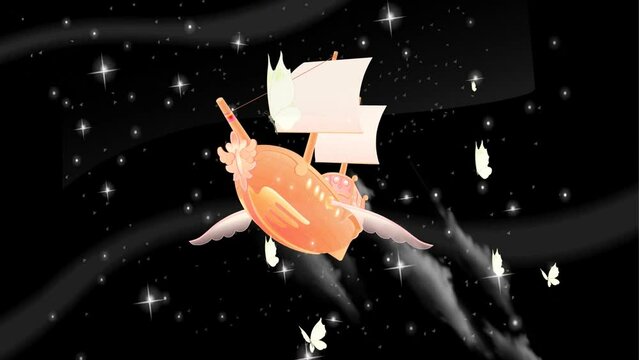 ship with wings flying 3d animated, backgroung, flying airship