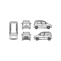 mini car outline, year 2000, isolated background, front, back, top and side view