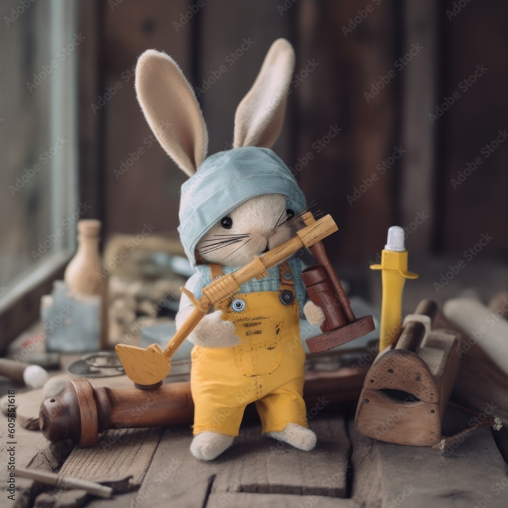 Poster a toy rabbit in overalls and a hat with a pipe. generative ai image.