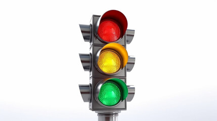 silver traffic light with all illuminated colors isolated on white background, AI generated