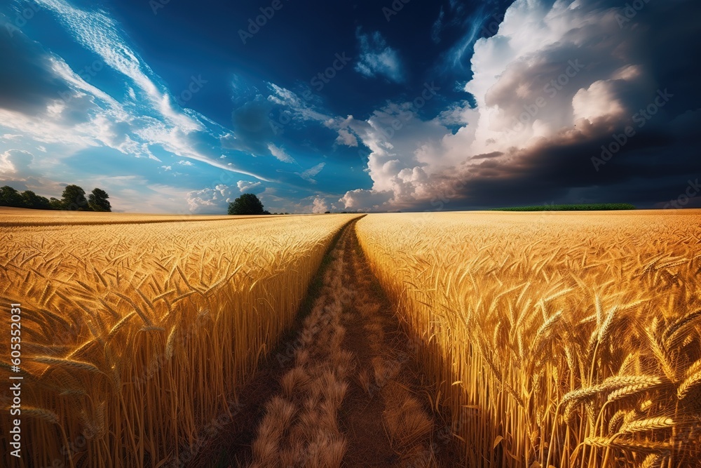 Poster a wheat field with a misty blue sky in the background generative ai