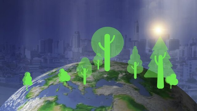 Planet earth with virtual tree icons. Net zero greenhouse gas emissions target. Climate neutral long term strategy. Ecological, renewable energy and save environment concept
