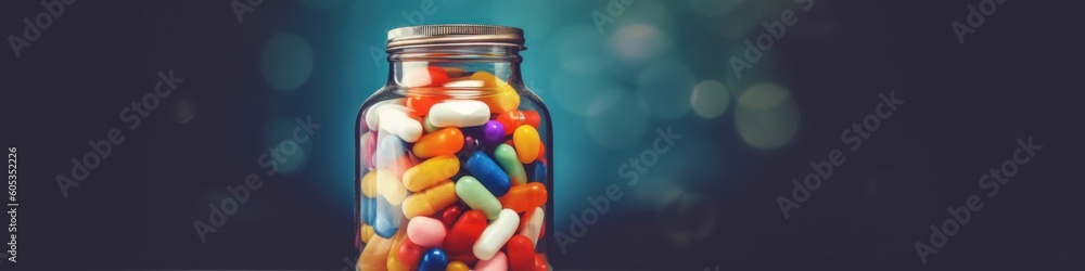 Poster a glass jar filled with assorted candy. generative ai image.