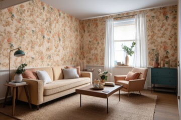 wallpapered room with floral prints, complimented by simple furnishings, created with generative ai - obrazy, fototapety, plakaty