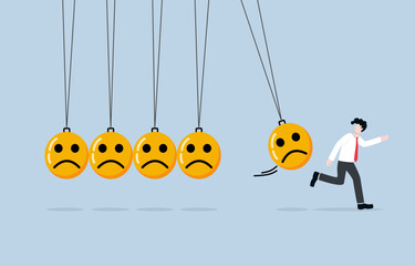 Escaping toxic environment, emotional control to be far away from negative mood, exit strategy from sadness concept, Businessman running away from pendulum effect of unhappy face.