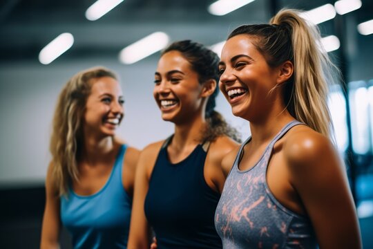Fun in fitness clothing. Three female friends laughing happily in a gym. Generative AI