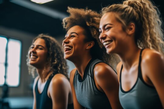 Fun in fitness clothing. Three female friends laughing happily in a gym. Generative AI