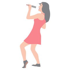 young beautiful girl sings a song into the microphone. isolated on white background vector illustration.