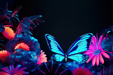 Fototapeta na wymiar Tropical leaves, large exotic flowers and neon butterflies on black background. Exotic botanical design for cosmetics, spa, perfume, beauty salon, travel agency, florist shop. 