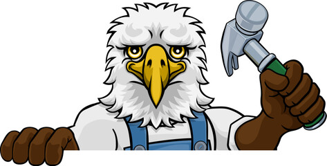 An eagle cartoon animal mascot carpenter or handyman builder construction maintenance contractor peeking around a sign holding a hammer