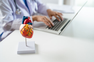 doctor cardiologist working in the clinic, Selective close up on heart model. . - obrazy, fototapety, plakaty