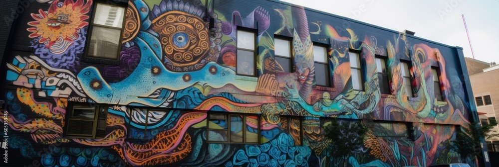 Poster a building with a mural on the side of it. generative ai image.