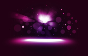 Purple glitter lights show on stage with bokeh elegant lens flare abstract background. Dust sparks background. - 605353695