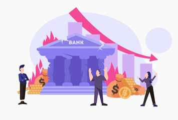 Vector illustration about financial problems and banking crisis. The bank collapses and loses money. Vector lustration in flat style