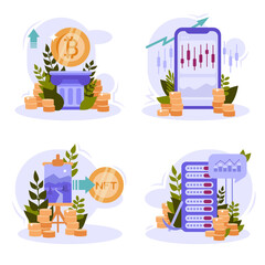 Bitcoin wallet illustration. Cryptocurrency applications for payment with digital money. Set of illustrations. Modern flat vector illustration