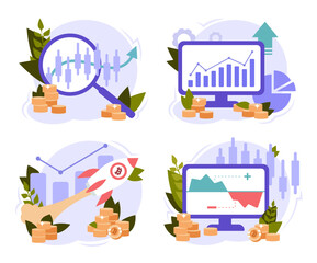 Analytics and data science, financial data management, artificial intelligence. Set of vector illustrations