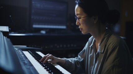 Music Arranger Female Asian Middle-Aged Creating and arranging musical compositions for various ensembles in Rehearsal room. Generative AI AIG22. - obrazy, fototapety, plakaty