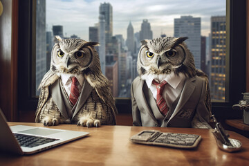 Image of two owls in suits and ties in the New York office working on a laptop. Anthropomorphic concept.