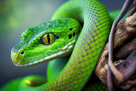Green pit viper (Reticulated pit viper). Generative AI