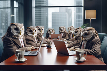 Image of a flock of owls in suits and ties sitting around the conference table at the meeting at the office. Anthropomorphic concept.