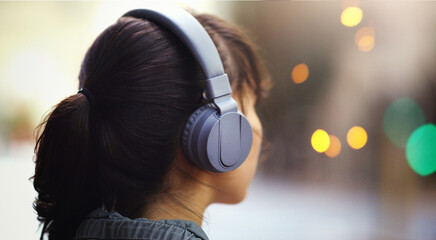 Woman with headphones in city, back view and listening to music, bokeh and technology outdoor....