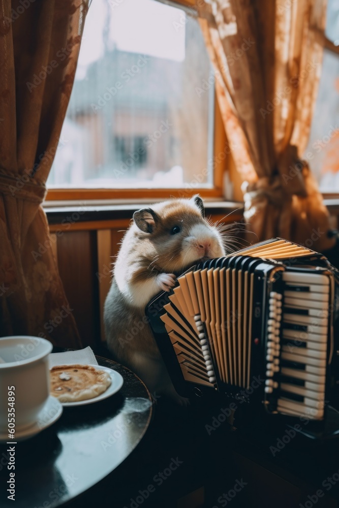 Poster a hamster playing an accordion on a table. generative ai image.