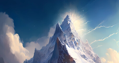 Landscape illustration with big fantastic mountains with snow for nature background