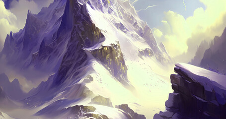 Nature illustration concept with big fantastic mountains with snow for nature background