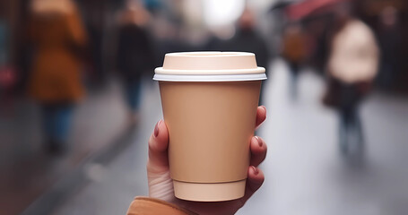 Paper cup of coffee take away. Beautiful woman holding to go take out coffee cup, blurred city background