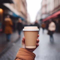 Beautiful hand with paper cup of coffee take away. Woman holding to go take out coffee cup