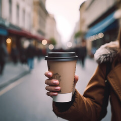 Hand with paper cup of coffee take away. Woman holding to go take out coffee cup