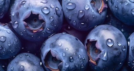 Close up berries wallpaper. Summer healthy food concept. Fresh blueberries with water drops on surface