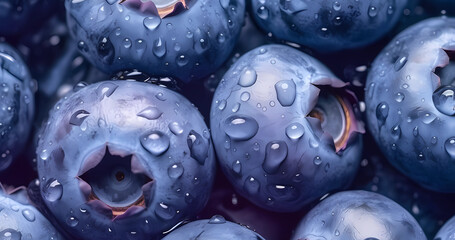 Close up berries wallpaper. Summer healthy food concept. Fresh blueberries with water drops