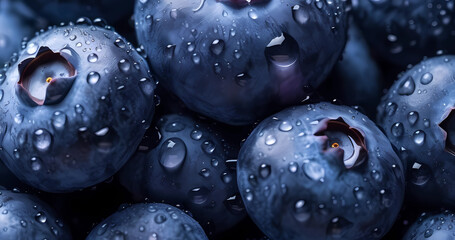 Summer food design. Fresh blueberries with water drops on surface