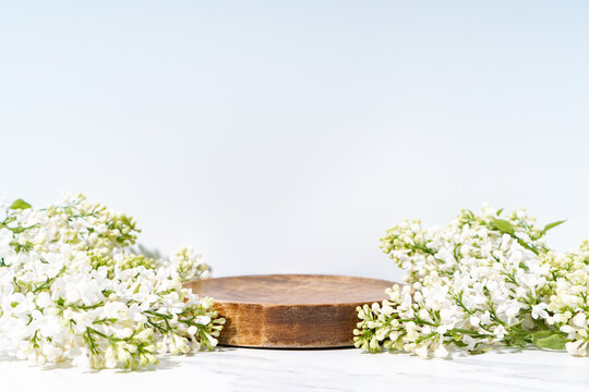 Cosmetics skin care product presentation stage display made with wooden podium and blossom branch on white background. Studio photography.