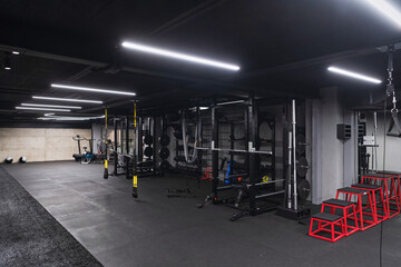 An empty modern gymnasium with a variety of equipment, offering a spacious, functional, and well-equipped training facility for workouts, fitness, and strength training