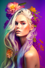 Obraz na płótnie Canvas Luxurious fantasy hairstyle for long blonde hair with multi-colored flower decorations. Generative AI.