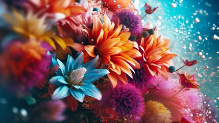 Naklejka na ściany i meble Close-up portrait of vibrant flowers in fantasy background. Wildlife nature. Generative AI.