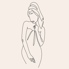 Woman Body With Towel On Head Line Art. Abstract Minimalist Female Spa Bath Cosmetics Logo