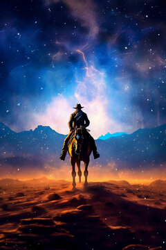 Cowboy on a Horse at Night. Generative AI.
A digital painting of a lonely cowboy on a horse traveling at night under a starry sky.