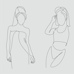 Woman Body With Towel On Head Line Art. Abstract Minimalist Female Spa Bath Cosmetics Logo