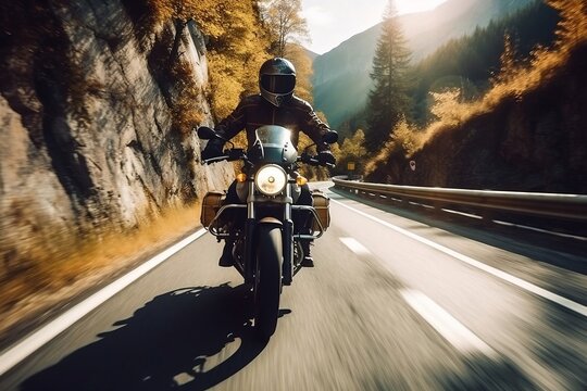 Motorcycle Rider Cruising Along Alpine Road. AI