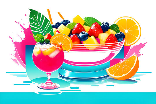 Fruit salad and cool cocktail, retro illustration. Generative AI