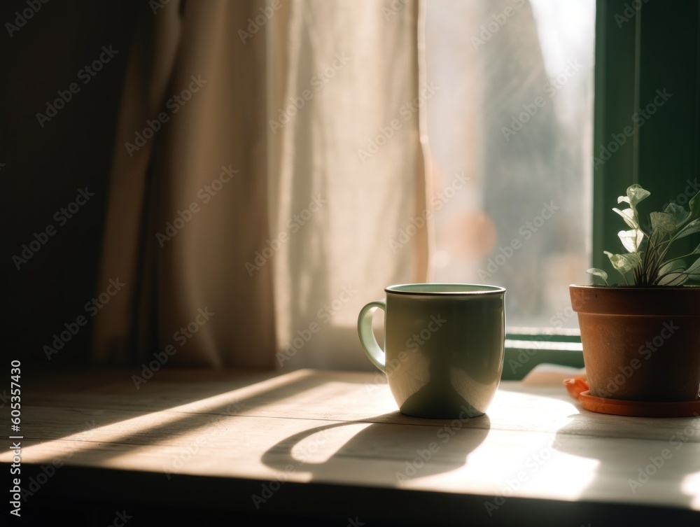 Poster a cup of coffee sitting on a counter next to a window. generative ai image.